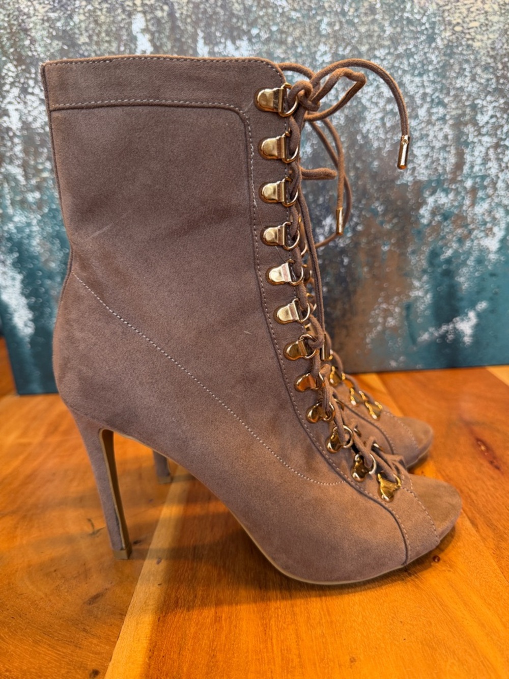Anne Michelle Y2K Inspired Taupe Lace-Up Heeled Booties (VGUC) - Picture 4 of 13